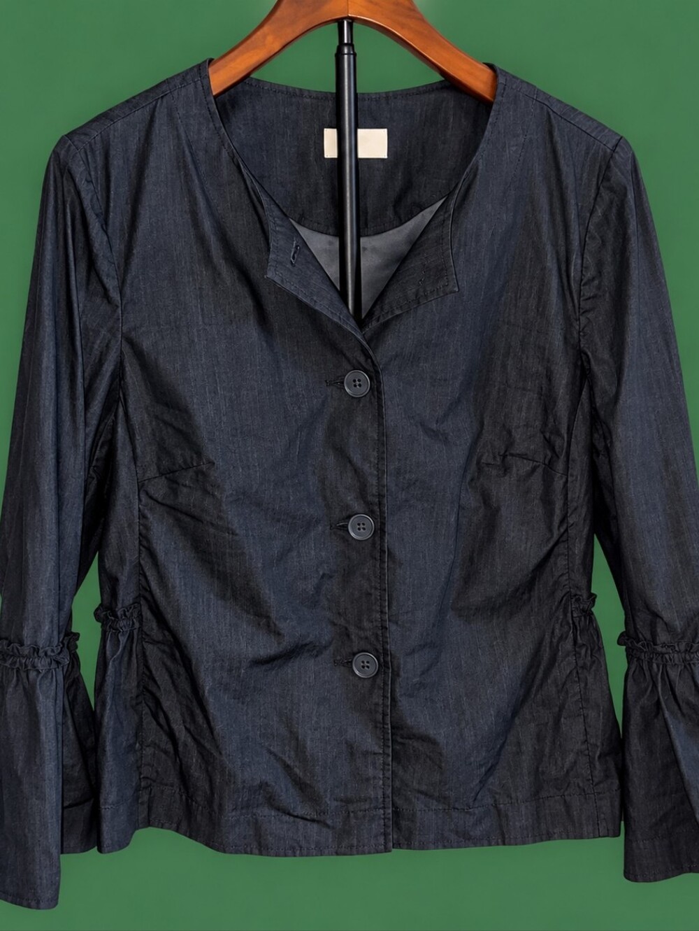 LOFT Dark Denim Chambray Jacket Ruffle Hem Bell Sleeve Blazer Size M